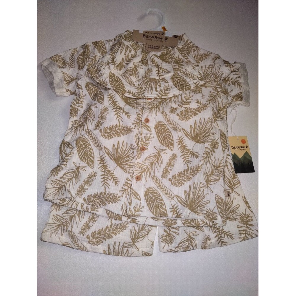 BearPaw Kids Leaf-Print  Shirt Short Set W/ Bucket Hat Beige Cream New Size 5/6